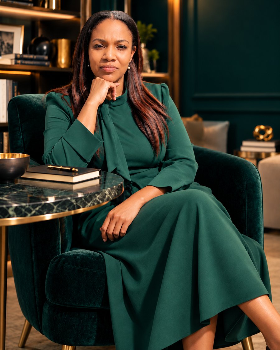 Raquel Ne’Cole seated thoughtfully in a deep-green executive lounge.